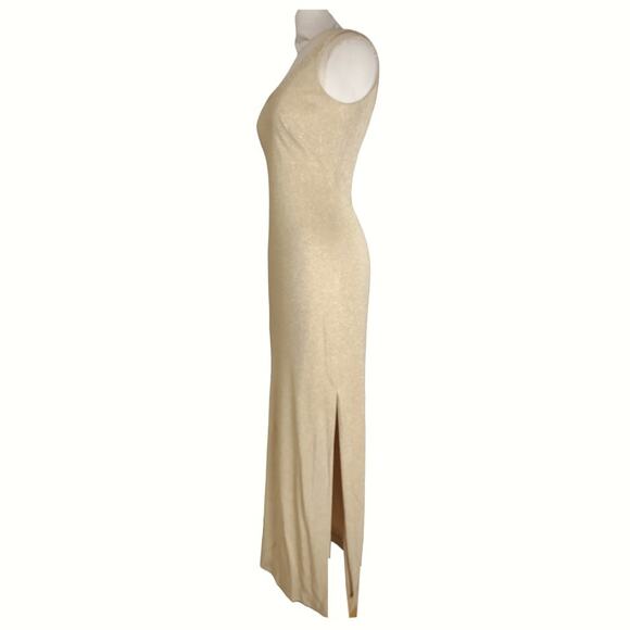 LAUNDRY Metallic Maxi Dress Size 6 Gold Lame Stretch Knit Sexy Bodycon Side Slit - Picture 2 of 12